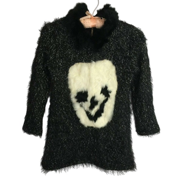 Vtg Designer Sweater Sz XS Fleece Lined Rabbit Fur Smily Face Applique Collared - Picture 1 of 6